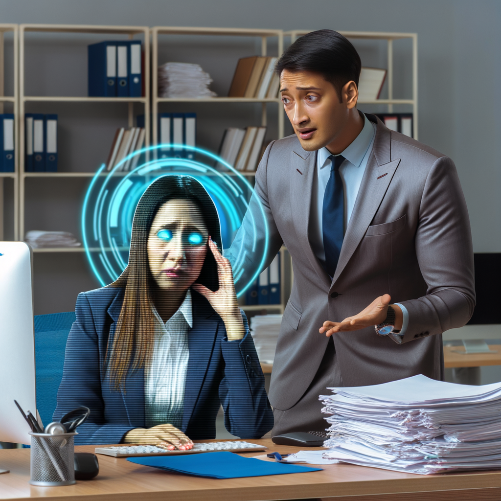 AI lawyer assisting overwhelmed employee in crisis.