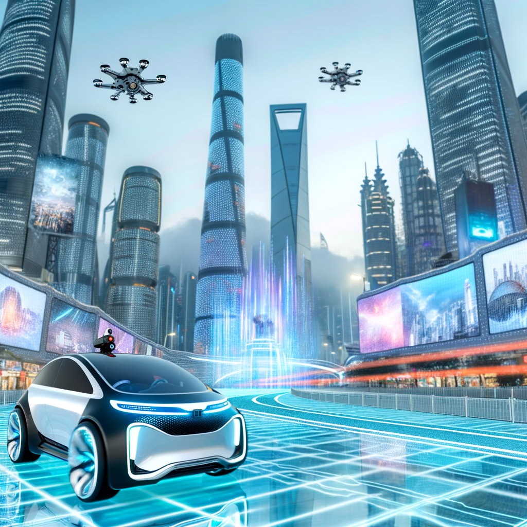 Audi's AI-enhanced car navigating futuristic cityscape.