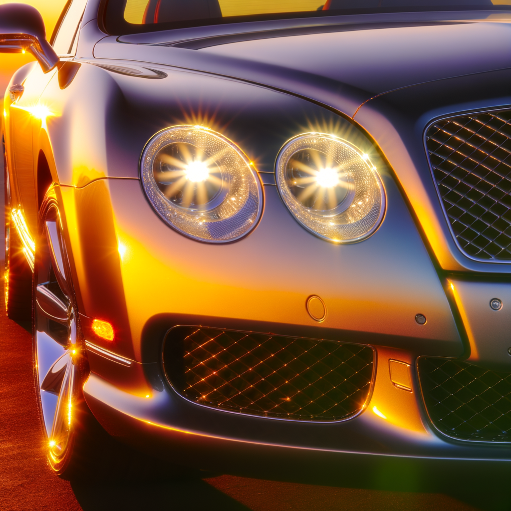 Bentley luxury car gleaming in sunset.