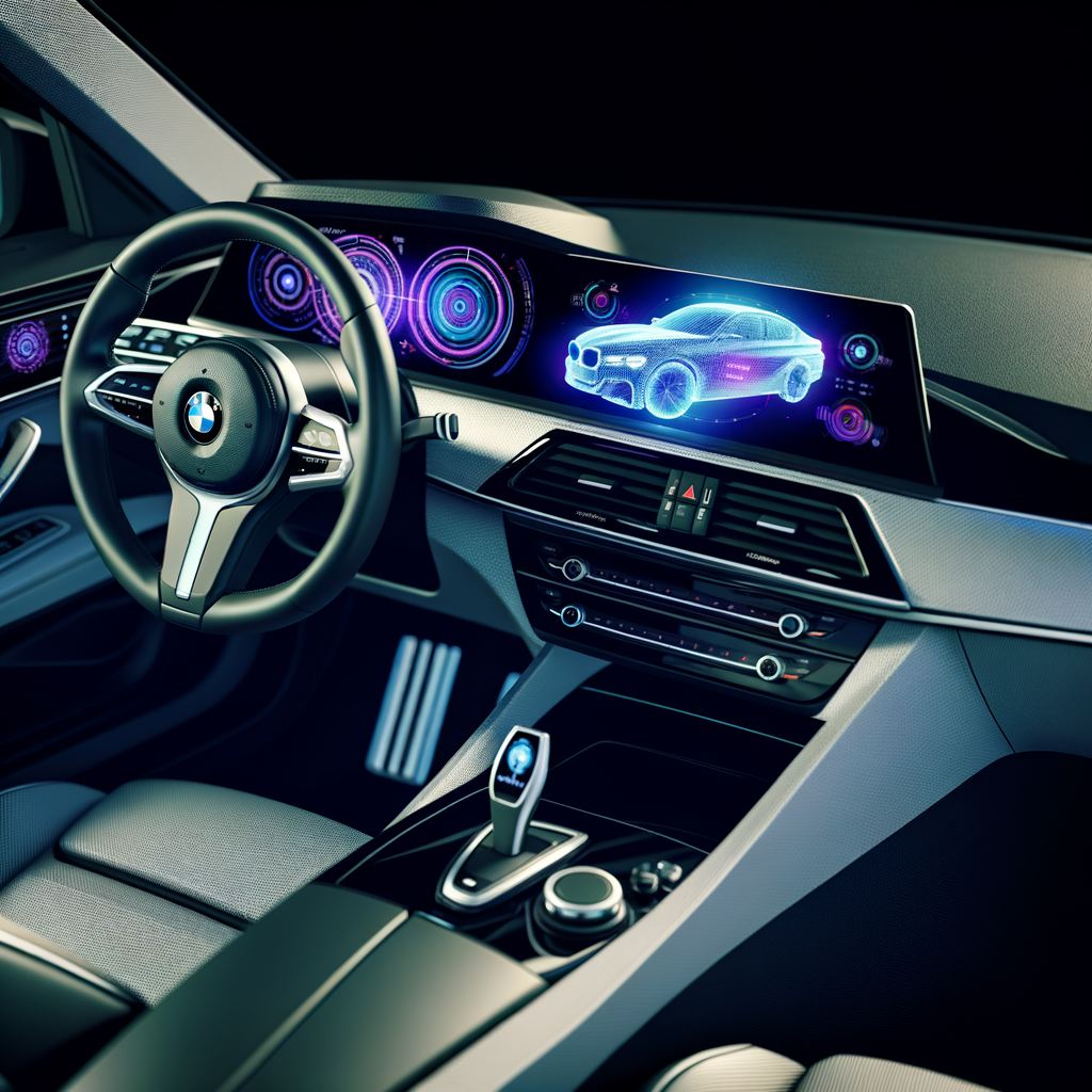 BMW car with futuristic AI interface display.
