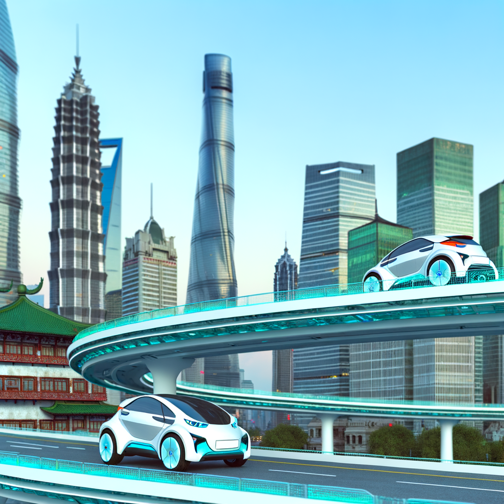 Electric cars dominate futuristic Shanghai skyline.