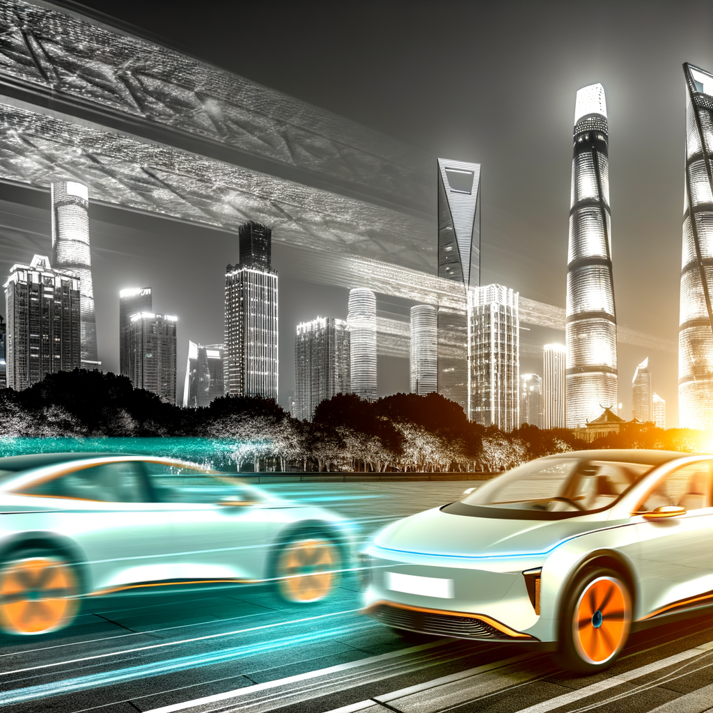 Electric cars lead future under cityscape.