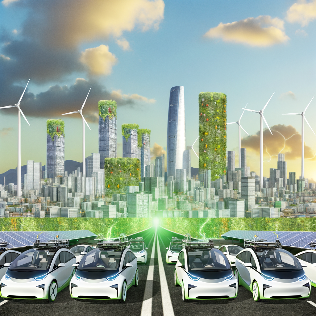 EVs lead, urban skyline meets green innovation.