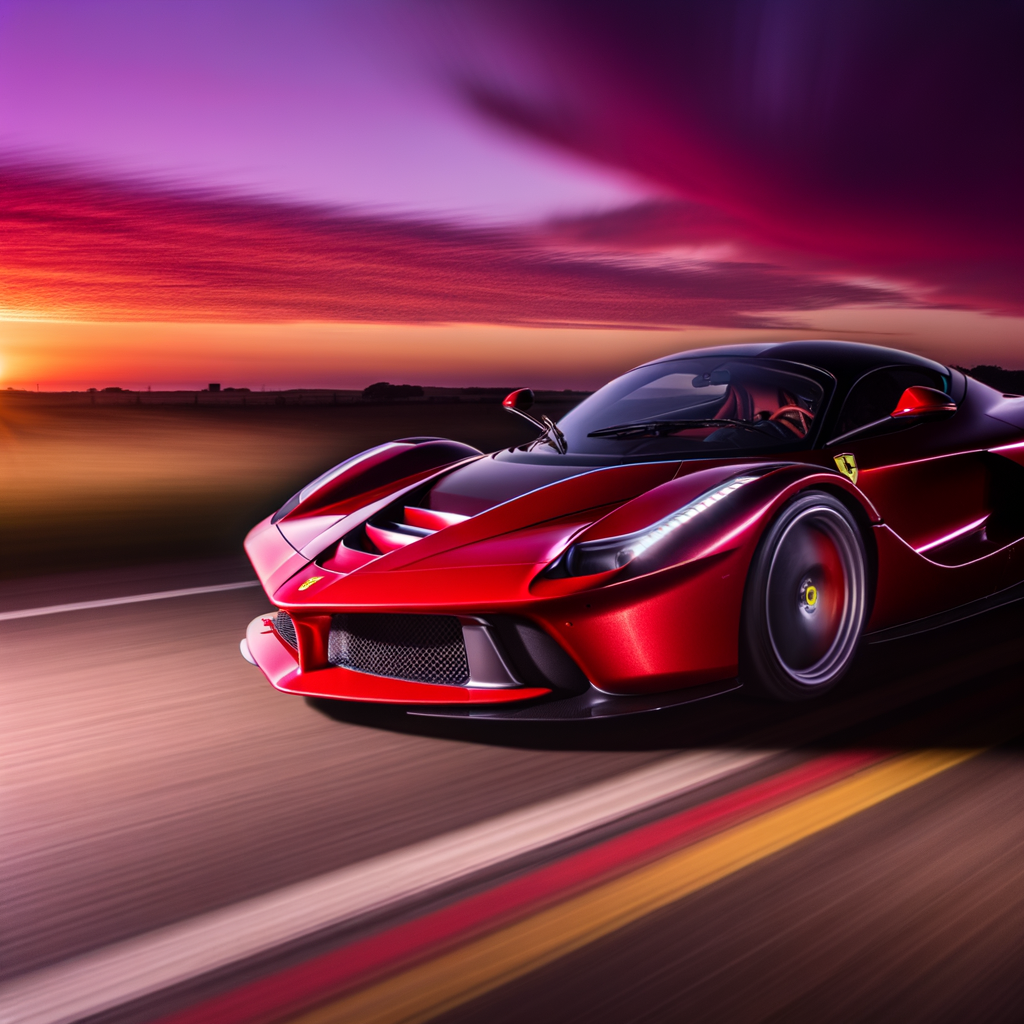 Ferrari hypercar races through vibrant sunset.