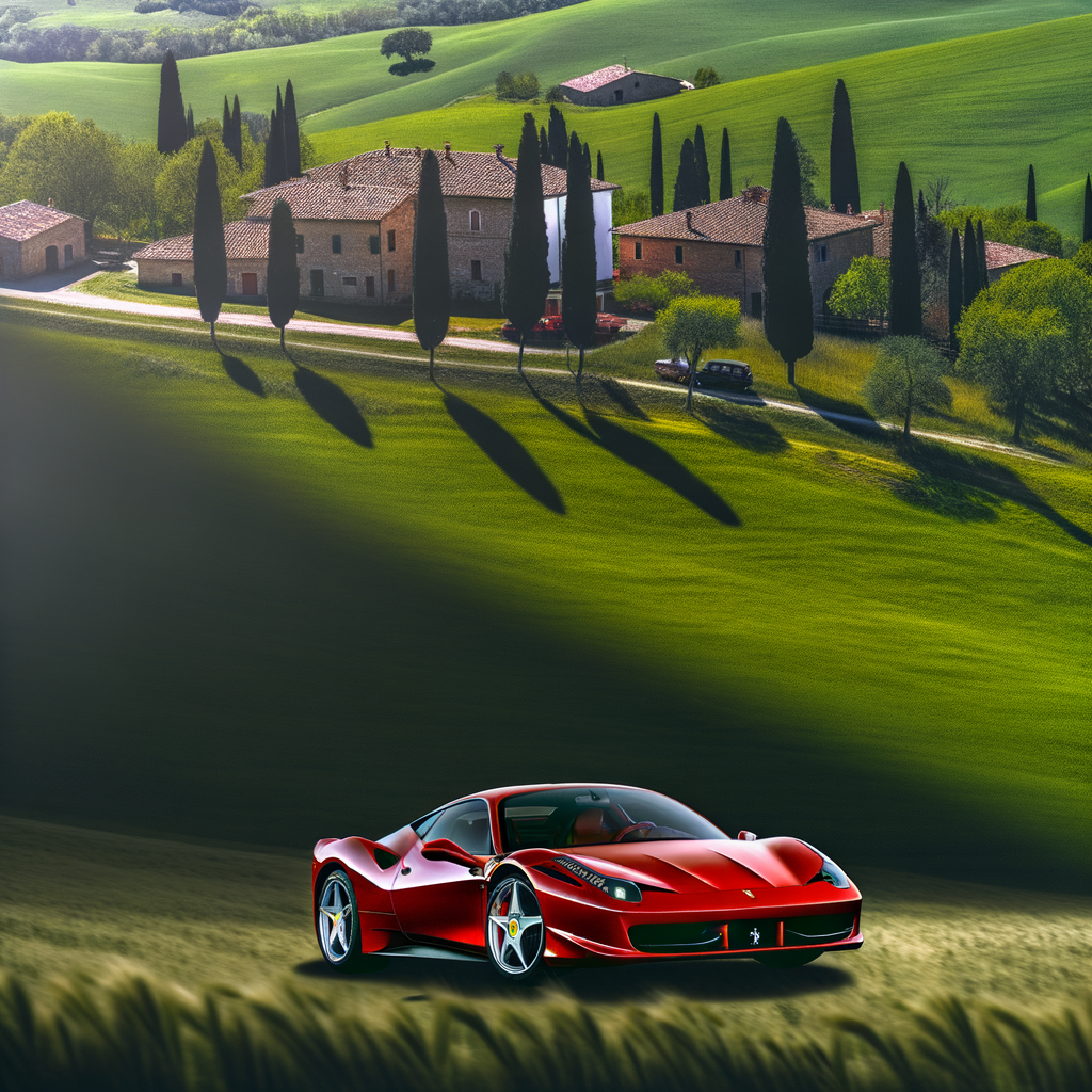 Ferrari supercar blazing through Italian countryside.