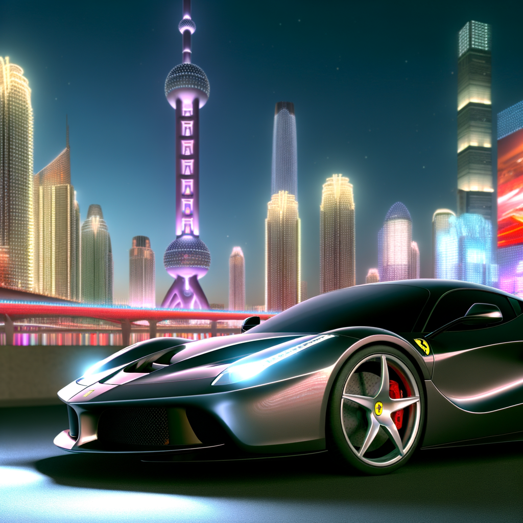 Ferrari supercar gleaming under futuristic cityscape.