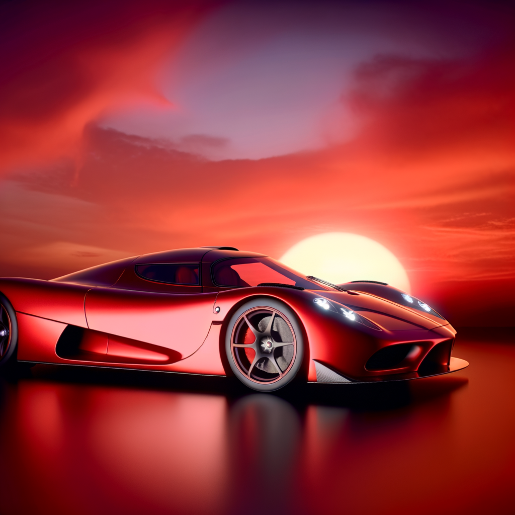 Ferrari supercar gleaming under sunset sky.
