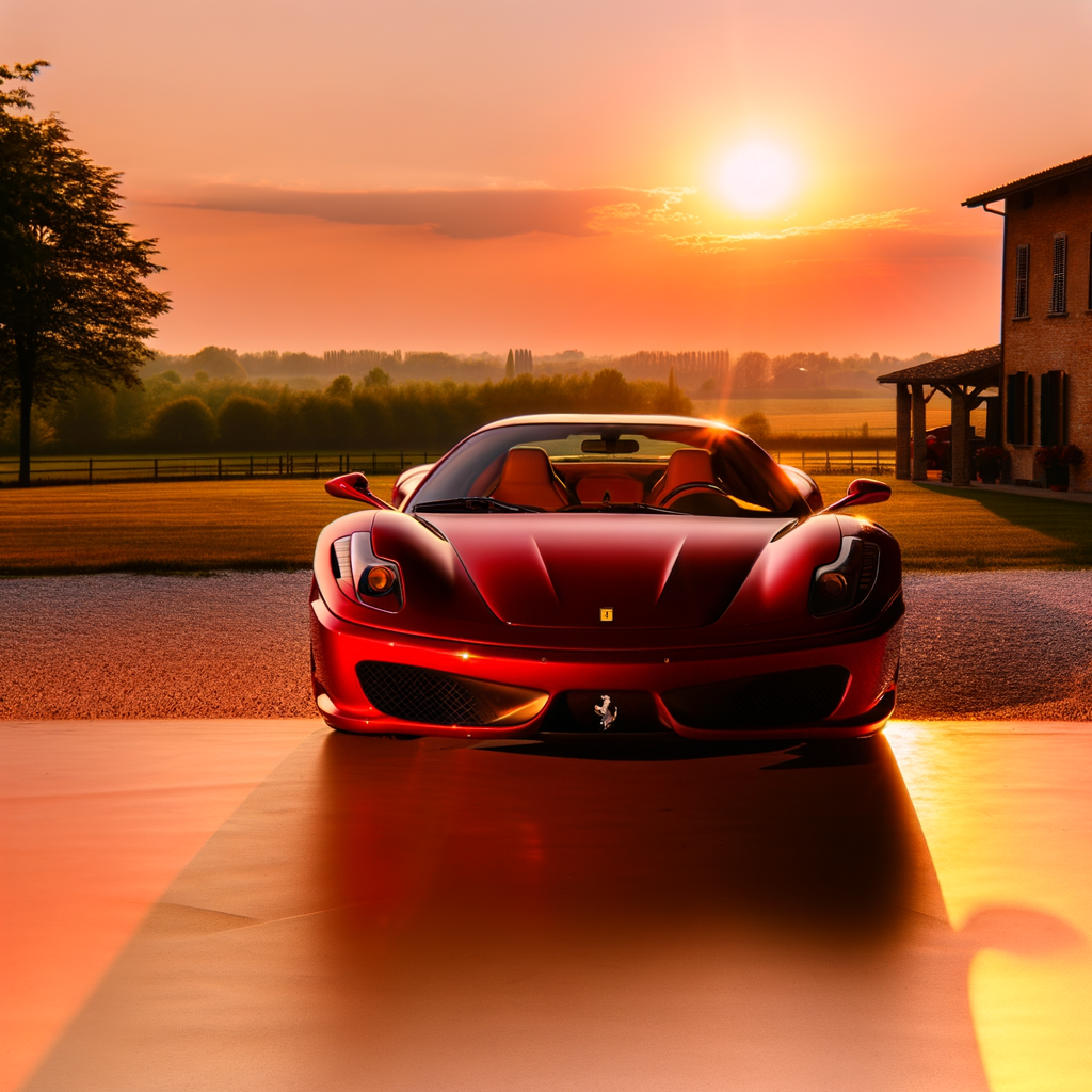 Ferrari supercar gleams under Maranello sunset.