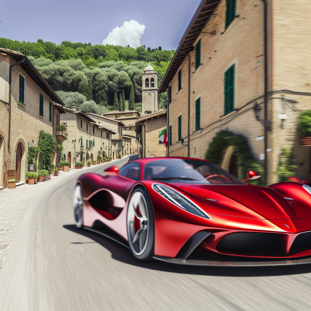 Ferrari supercar glides through picturesque Maranello.