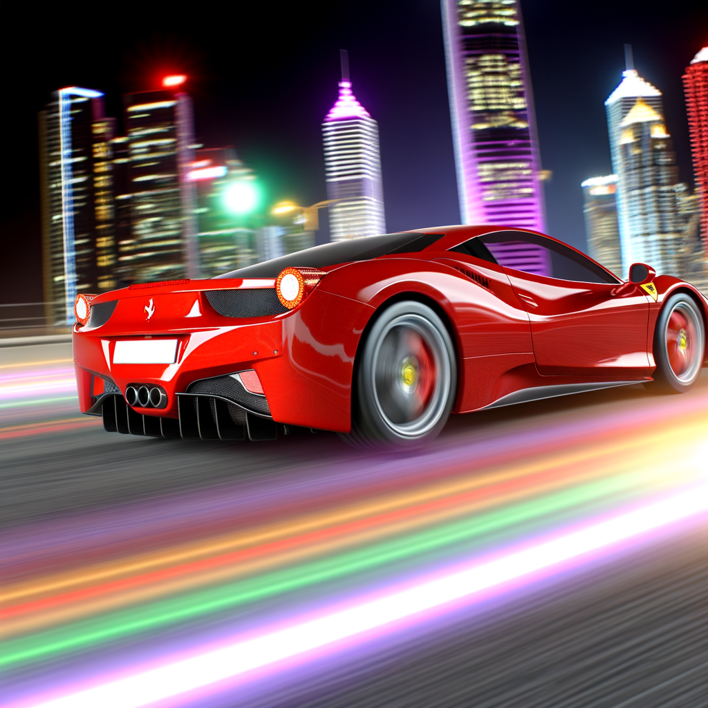 Ferrari supercar gliding through futuristic cityscape.