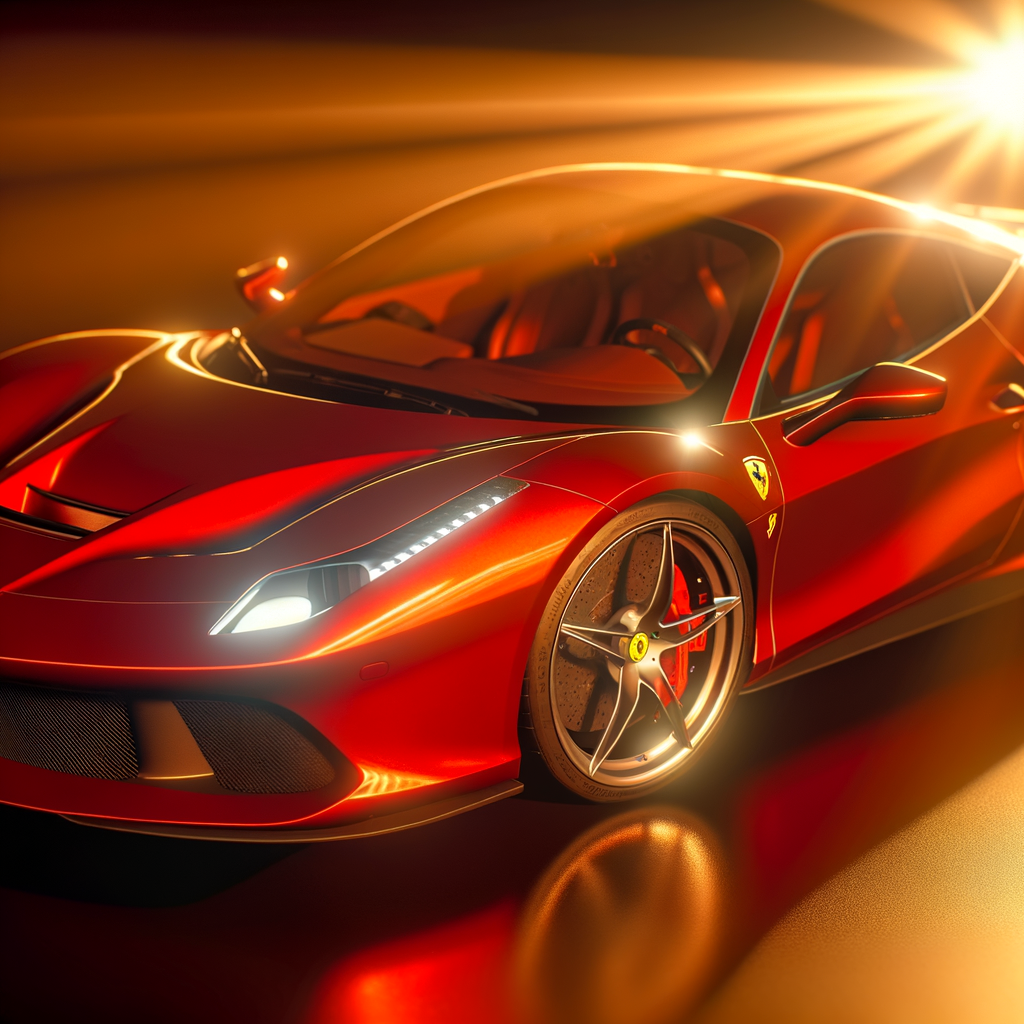 Ferrari supercar glistening in sunset glow.