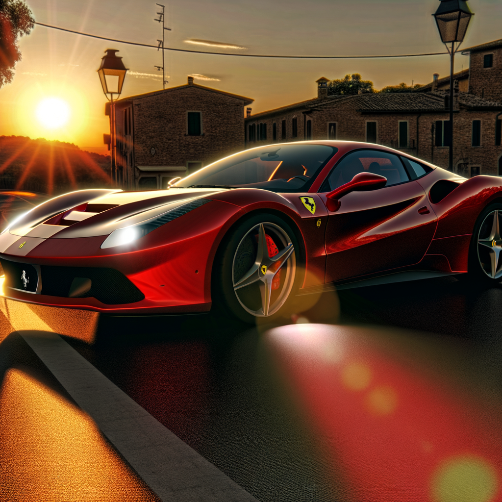 Ferrari supercar glistens in Maranello sunset.