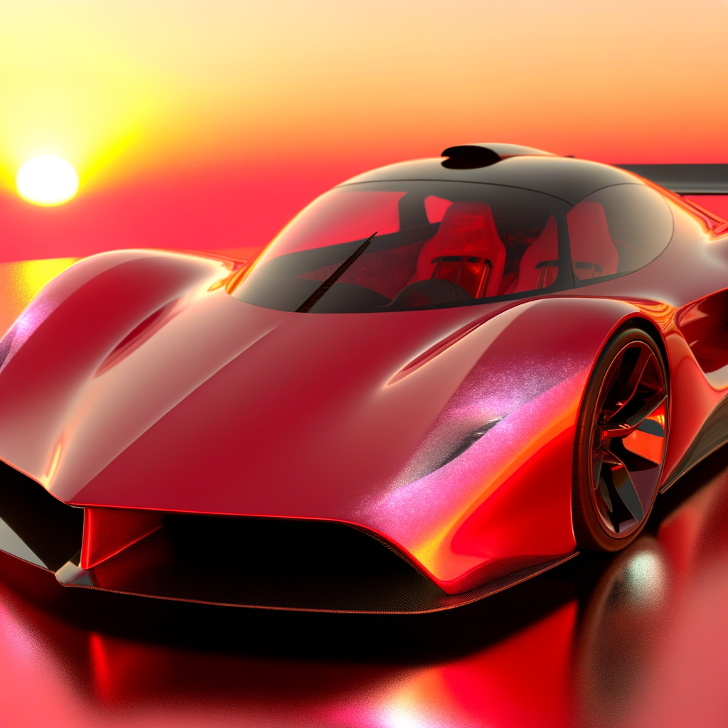 Ferrari supercar glistens under sunset's glow.