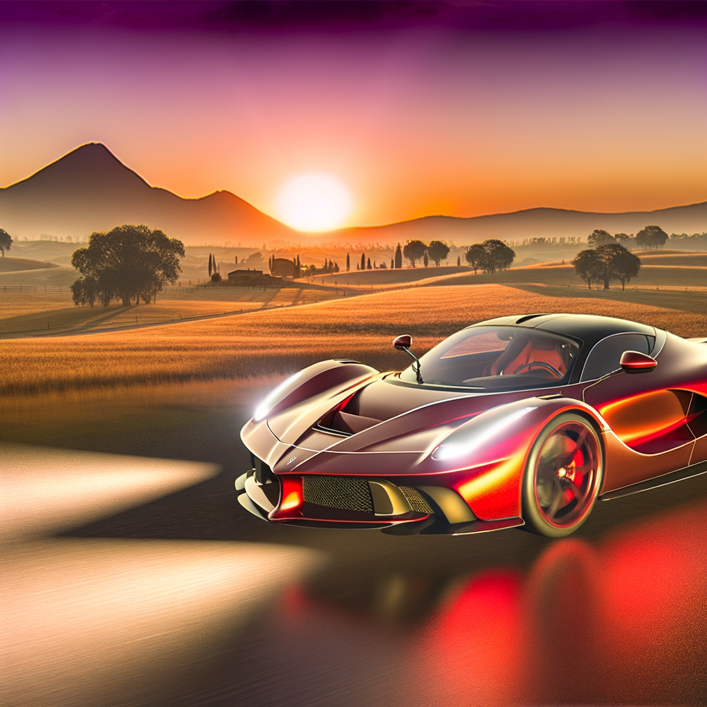 Ferrari supercar racing through sunset-lit countryside.