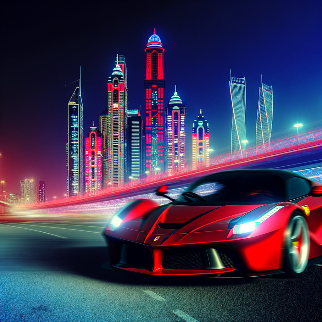Ferrari supercar speeding through futuristic cityscape.