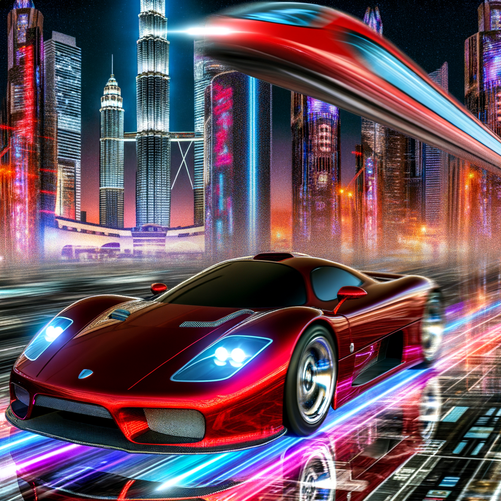 Ferrari supercar speeds through futuristic cityscape.