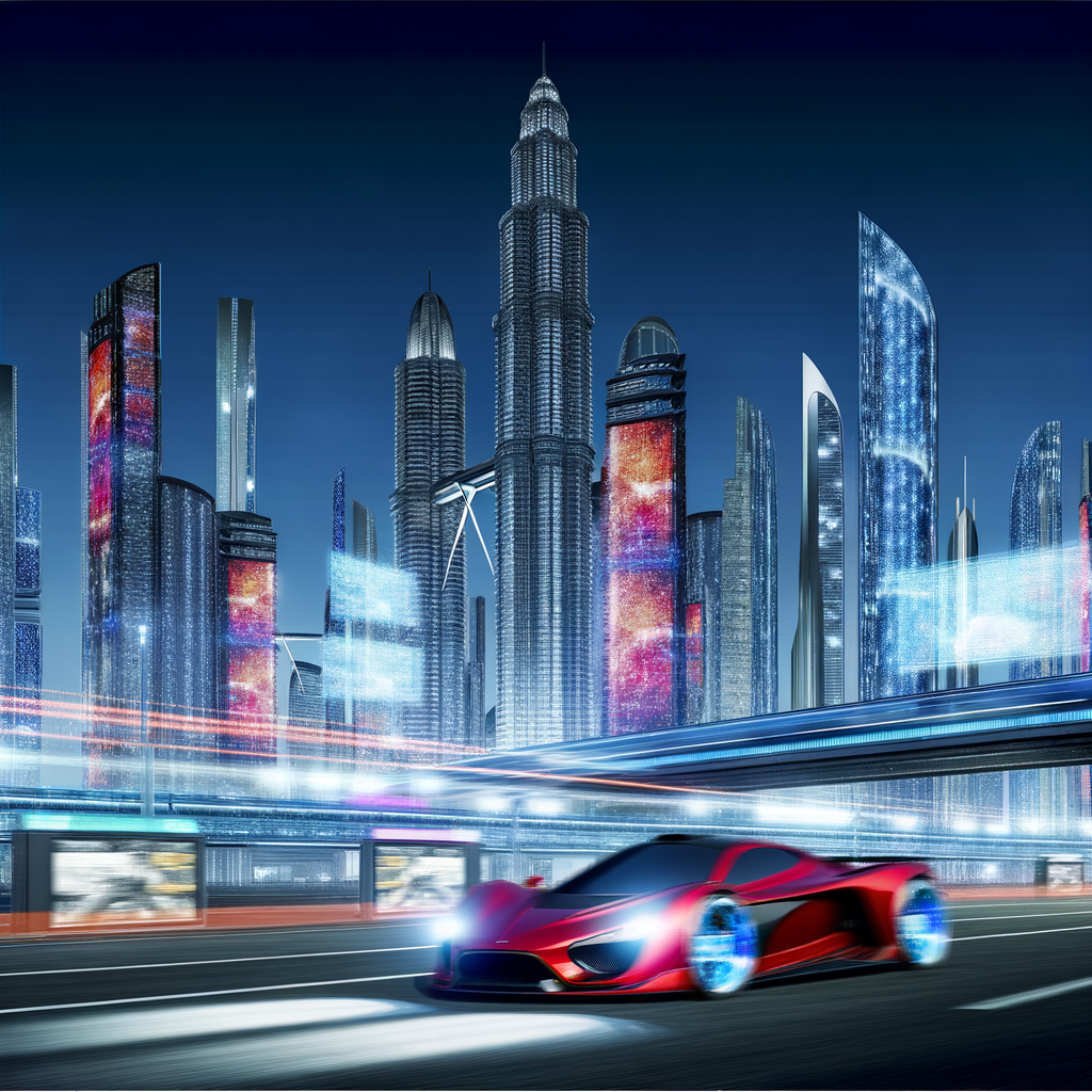 Ferrari supercar zips through futuristic cityscape.