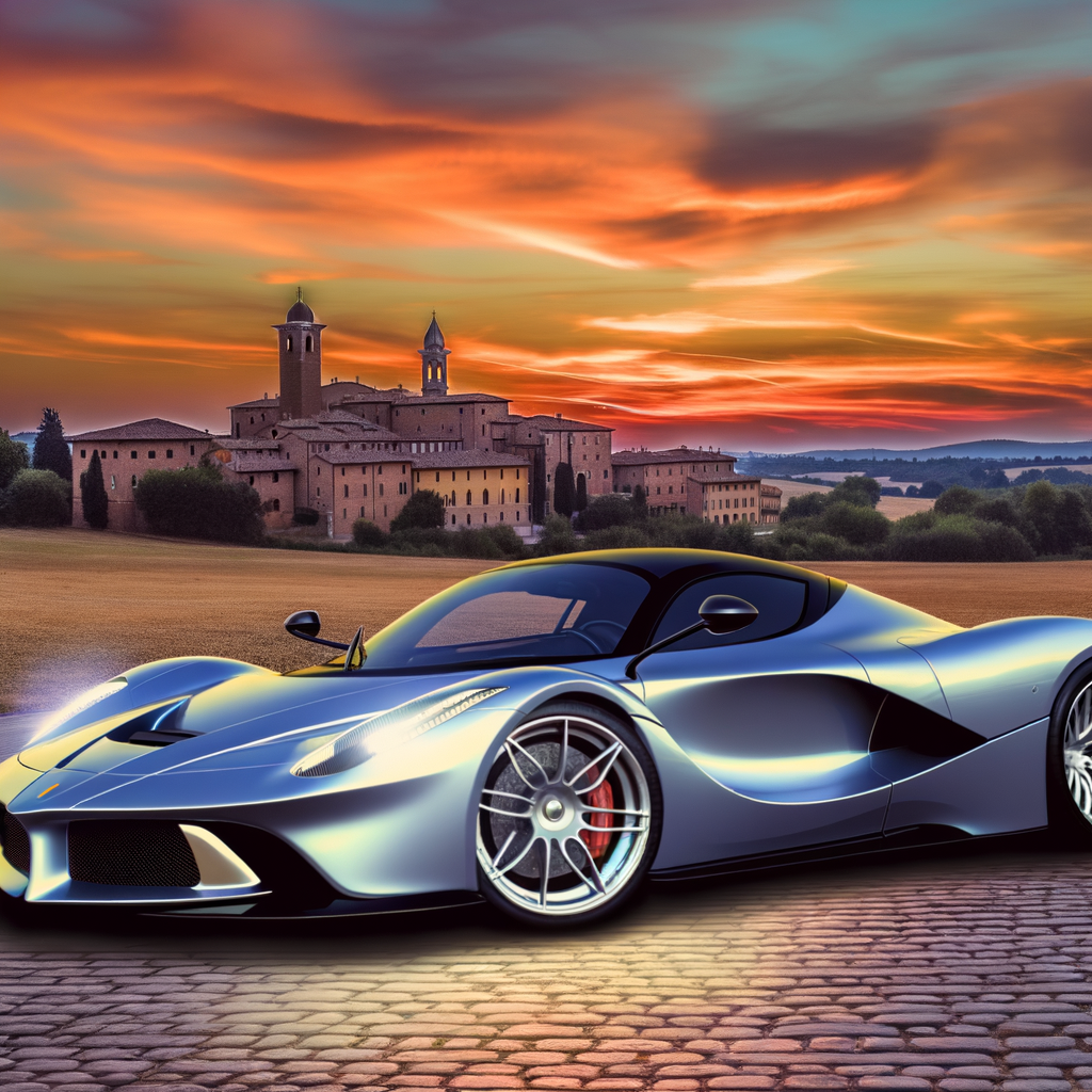 Ferrari's sleek masterpiece in Maranello sunset.