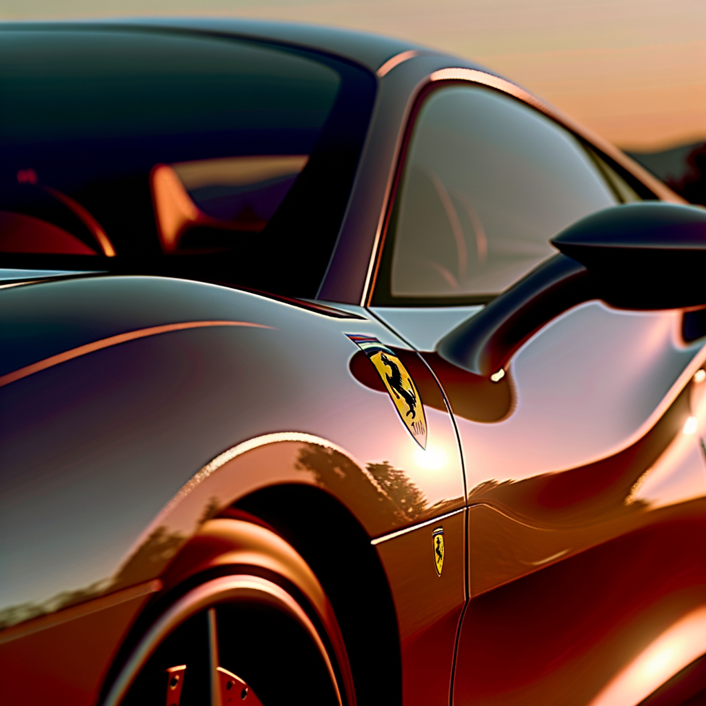 Ferrari's sleek supercar glistens in sunset.