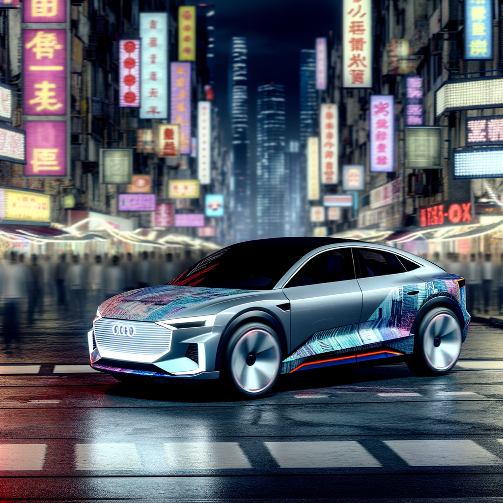 Futuristic Audi electric car amidst cityscape.