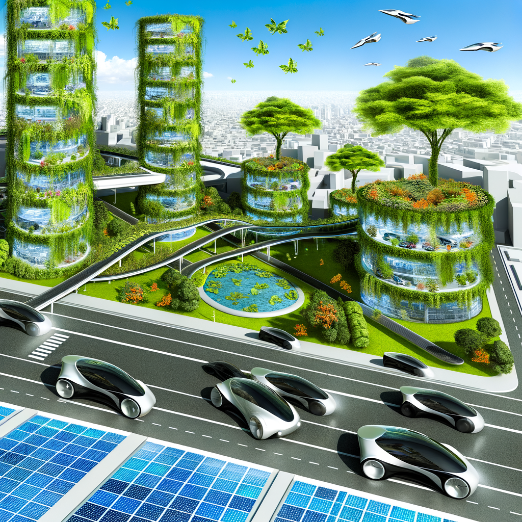 Futuristic cars amidst technology and nature.
