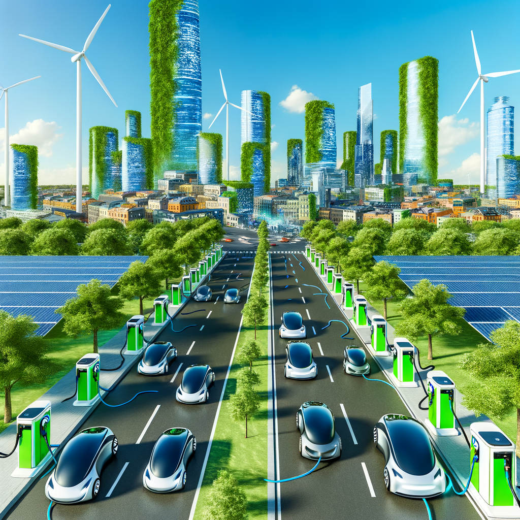 Futuristic cars charging in a green city.