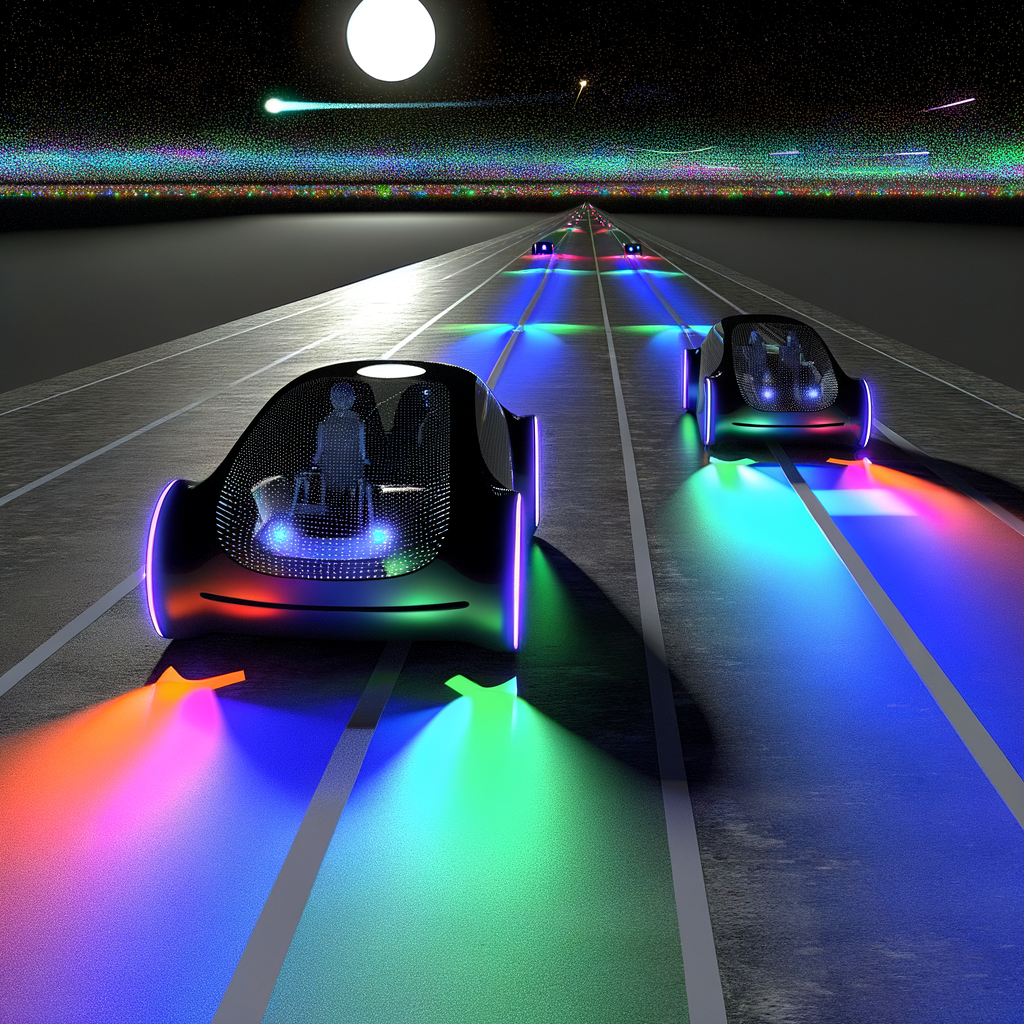 Futuristic cars cruising on a digital highway.