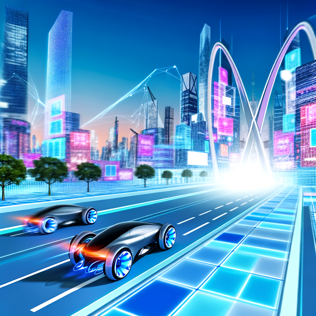 Futuristic cars evolving in digital landscape.