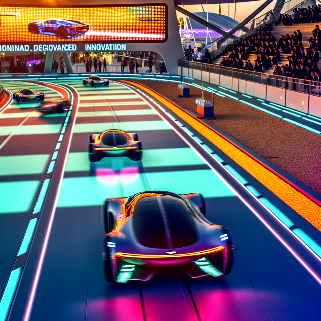 Futuristic cars race on innovation track.