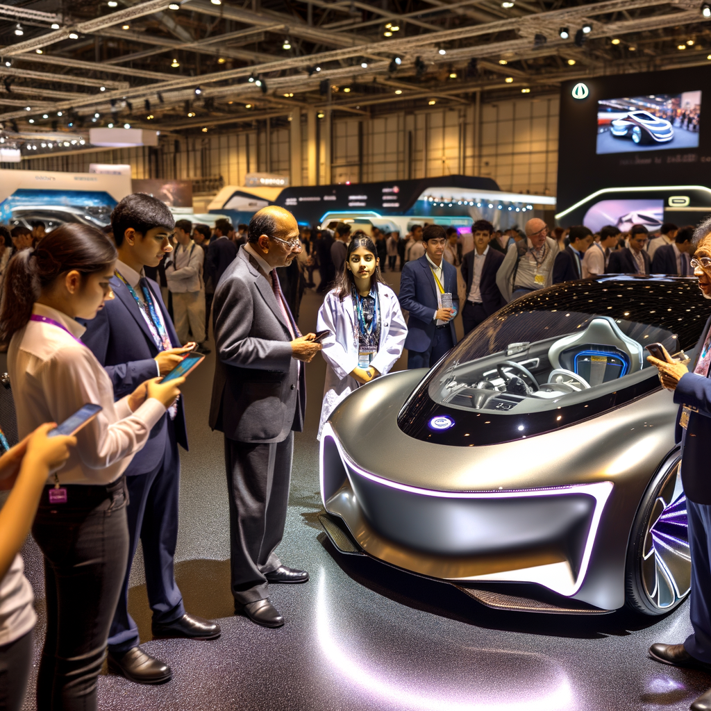 Futuristic cars unveiling at technology expo.