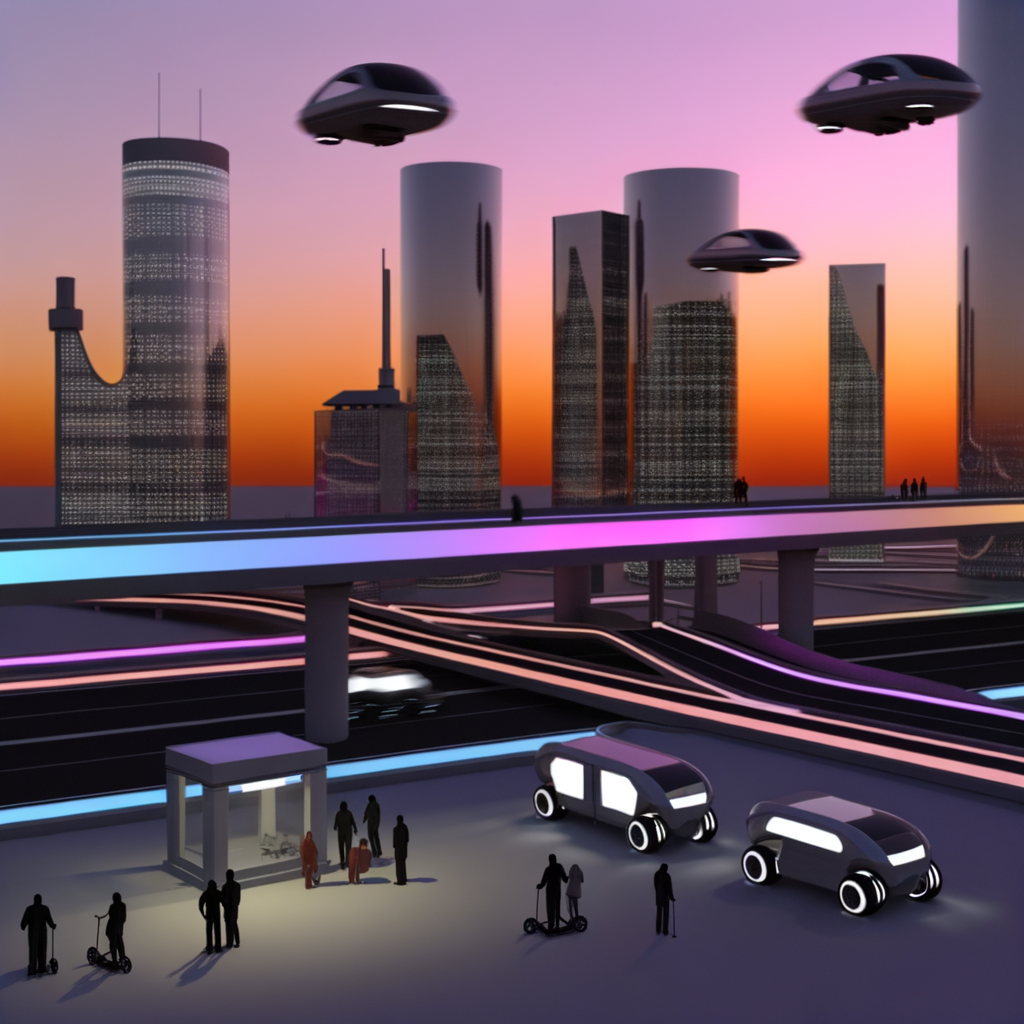 Futuristic cityscape with diverse mobility options.