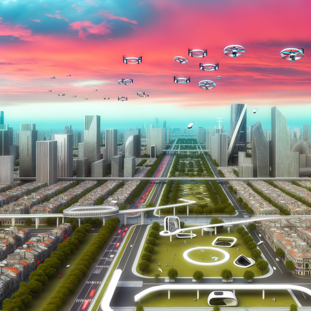 Futuristic cityscape with diverse mobility solutions.