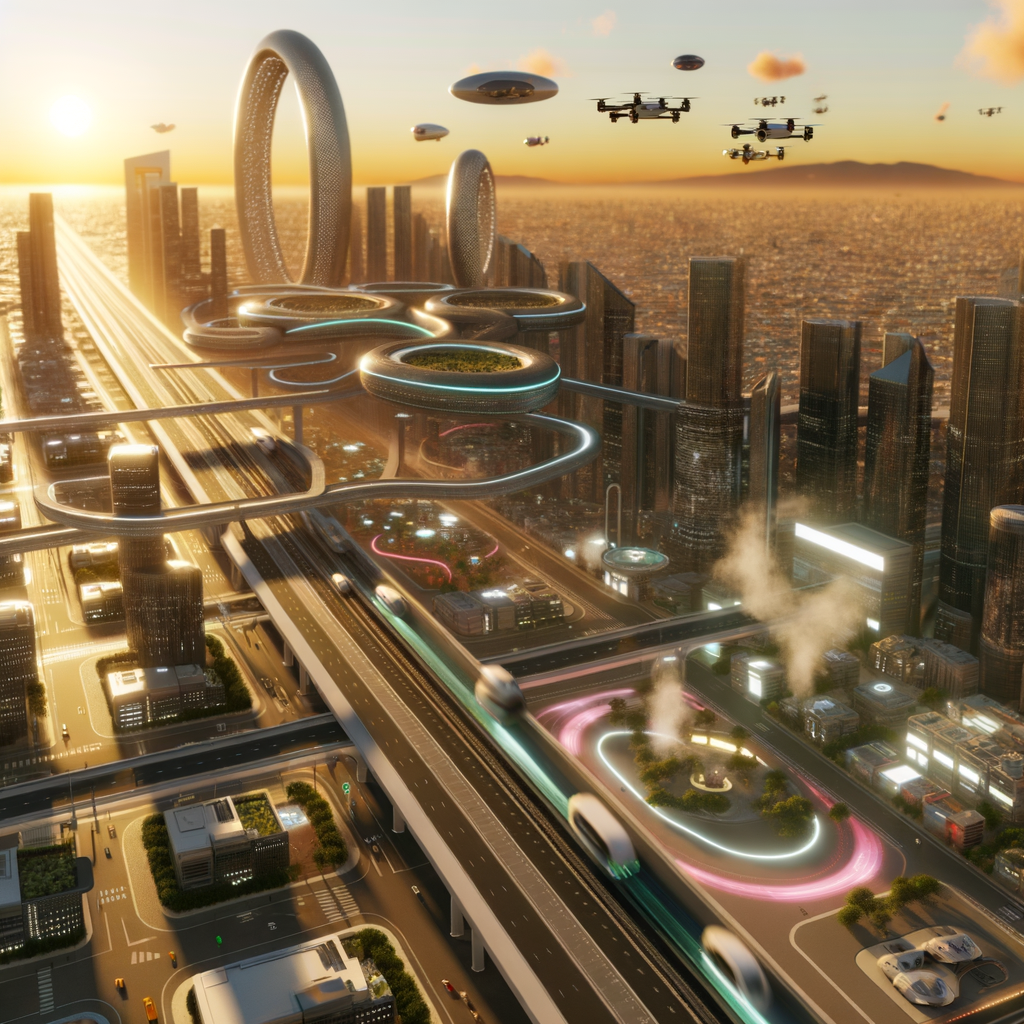 Futuristic cityscape with diverse mobility solutions.