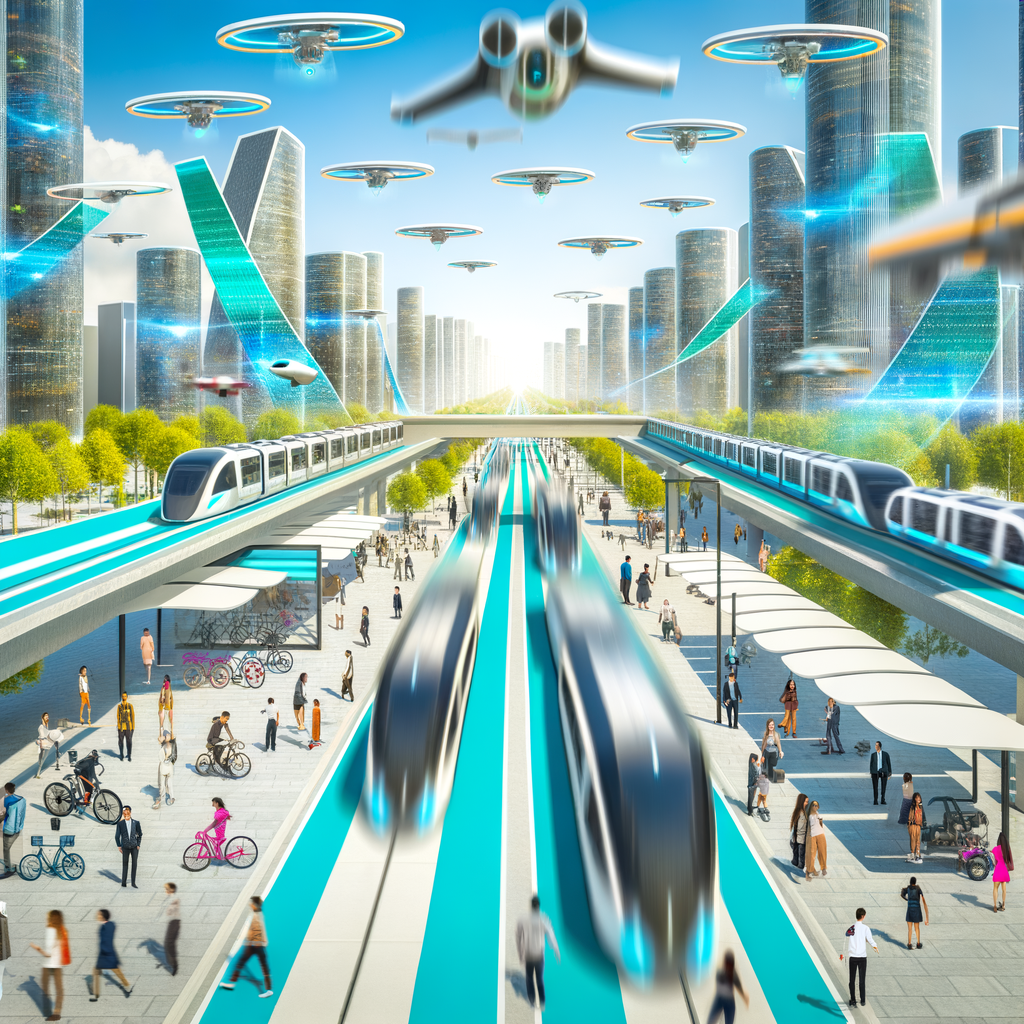 Futuristic cityscape with diverse mobility solutions.
