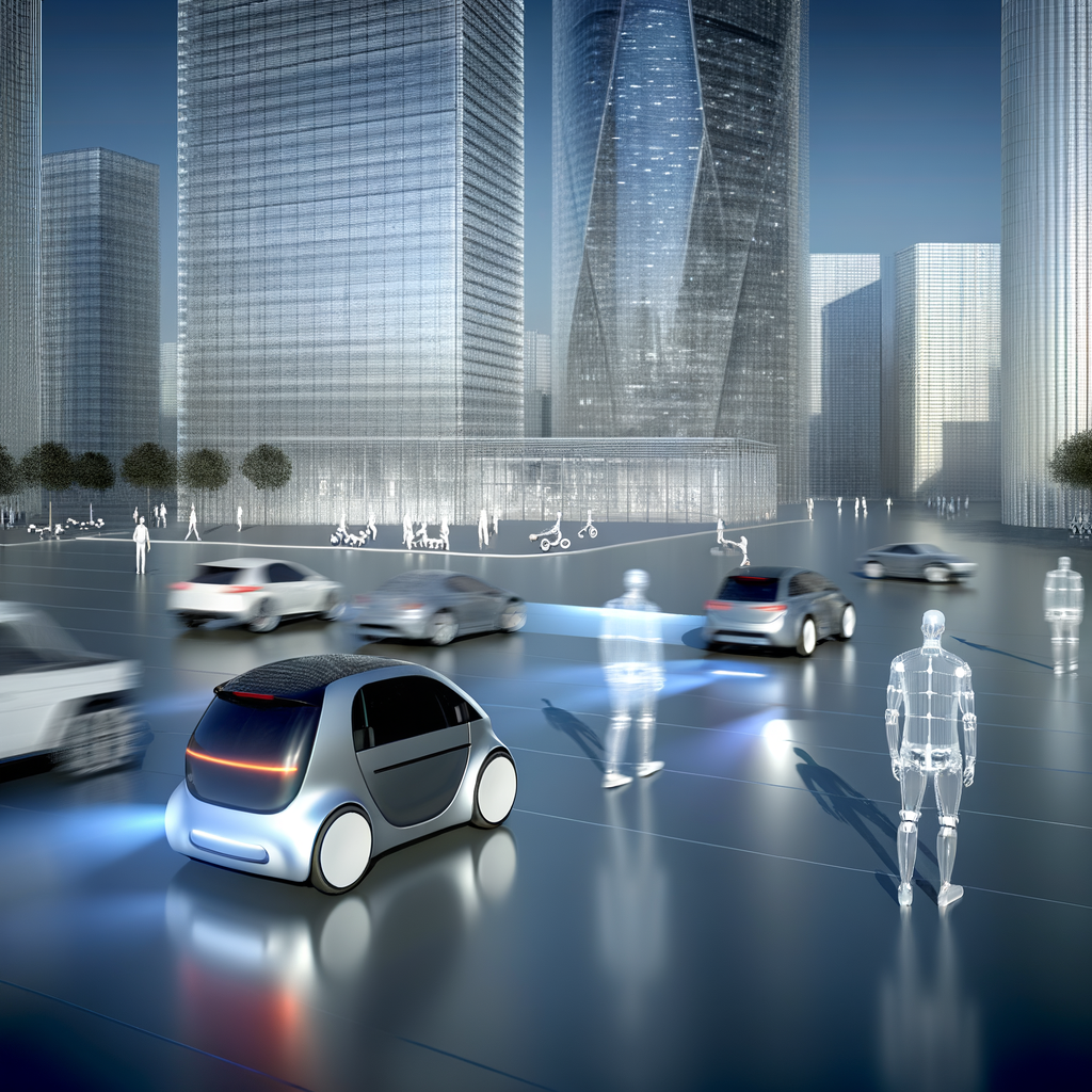 Futuristic cityscape with EVs and autonomous vehicles.