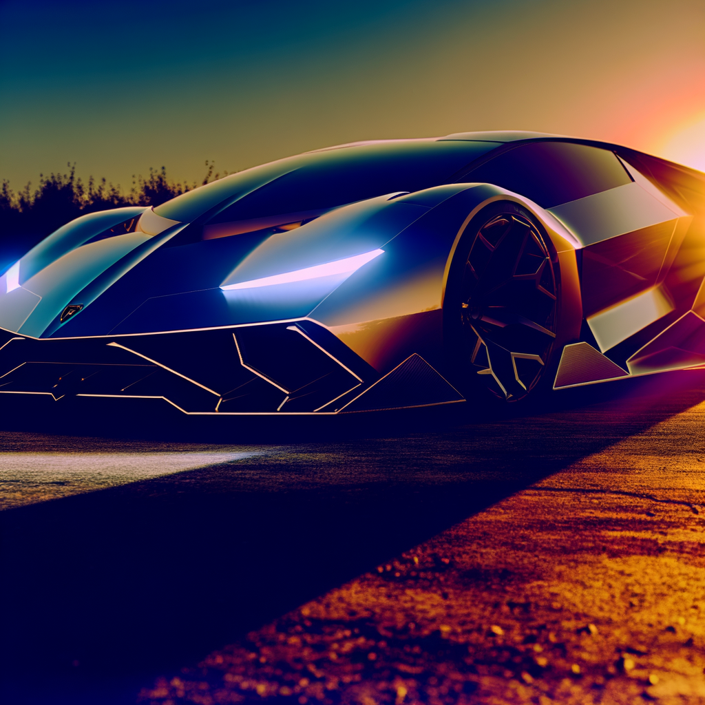 Futuristic Lamborghini supercar glistening in sunset.