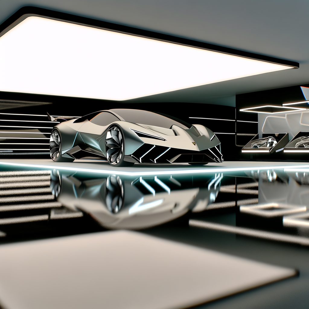 Futuristic Lamborghini supercar in sleek showroom.