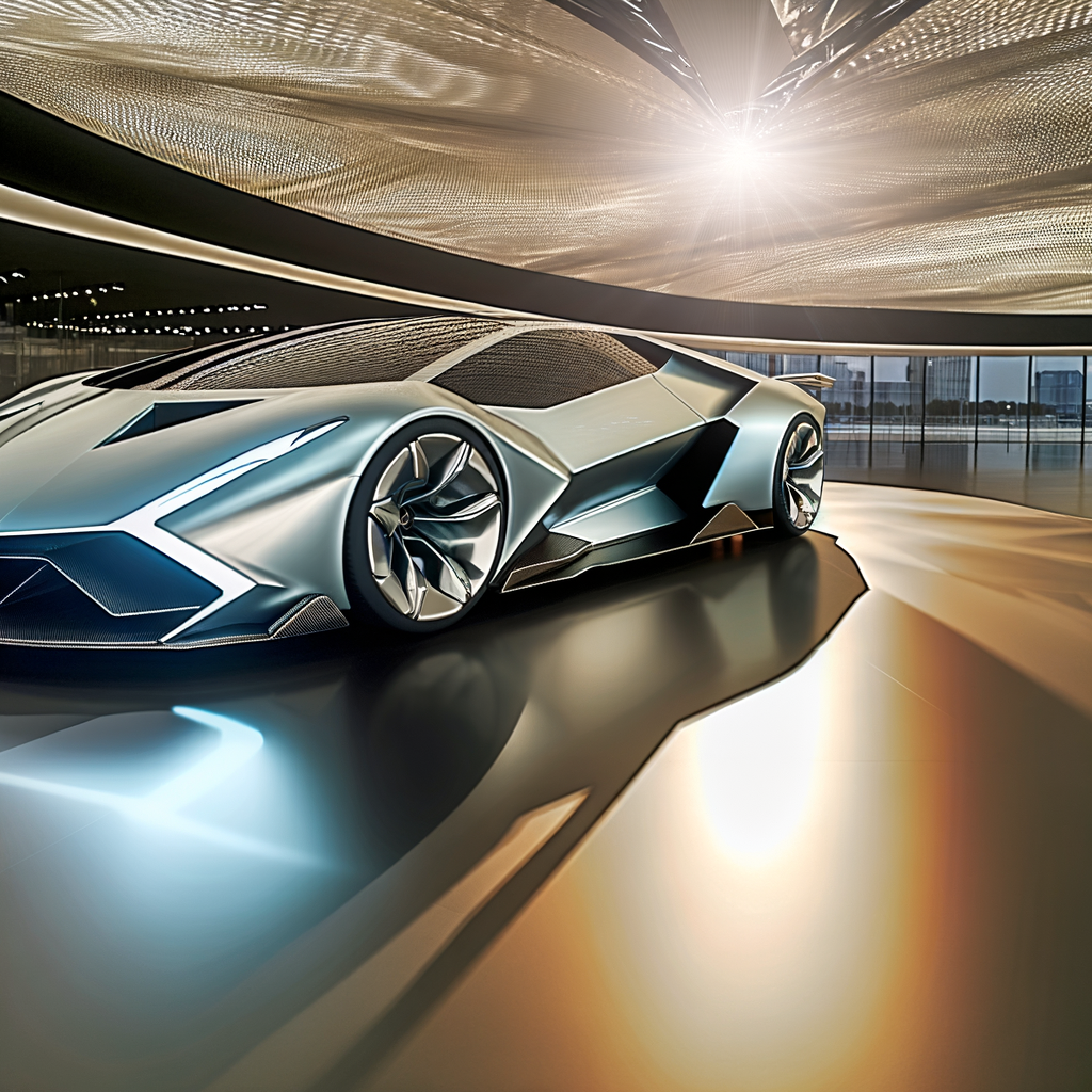 Futuristic Lamborghini supercar on sleek showroom floor.