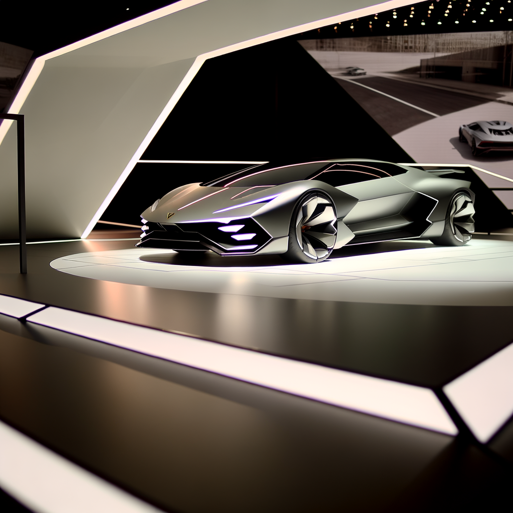Futuristic Lamborghini supercar on sleek display.