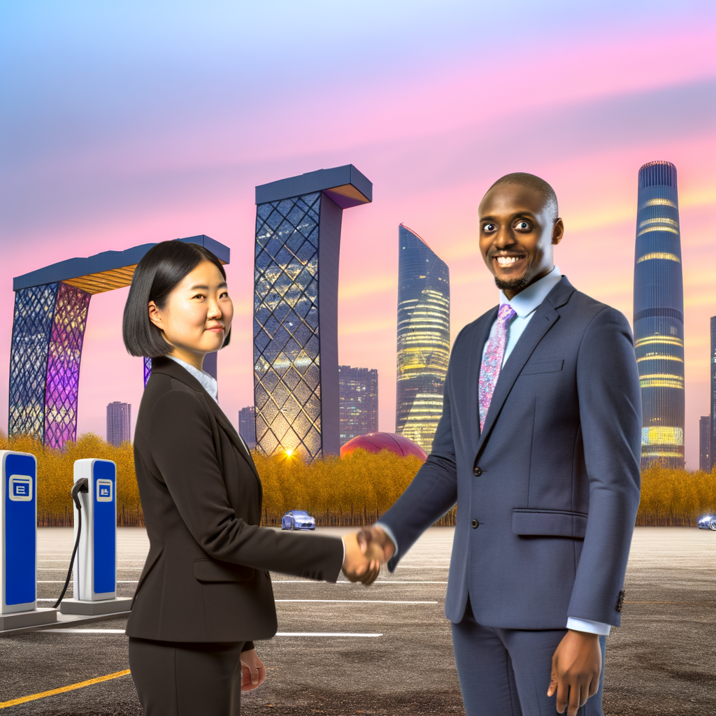 Joint venture handshake, EVs, urban China skyline.