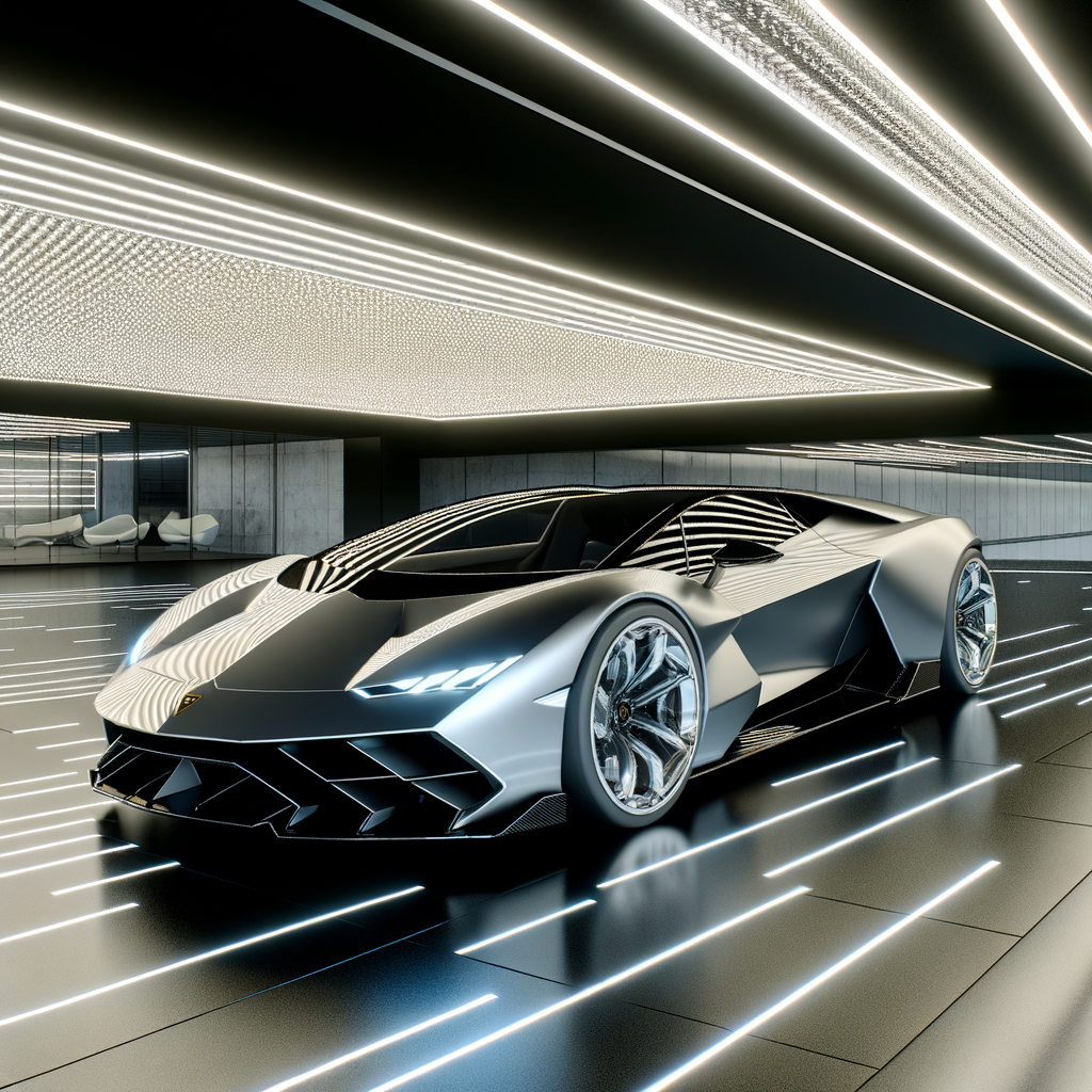 Lamborghini hybrid supercar in futuristic showroom.
