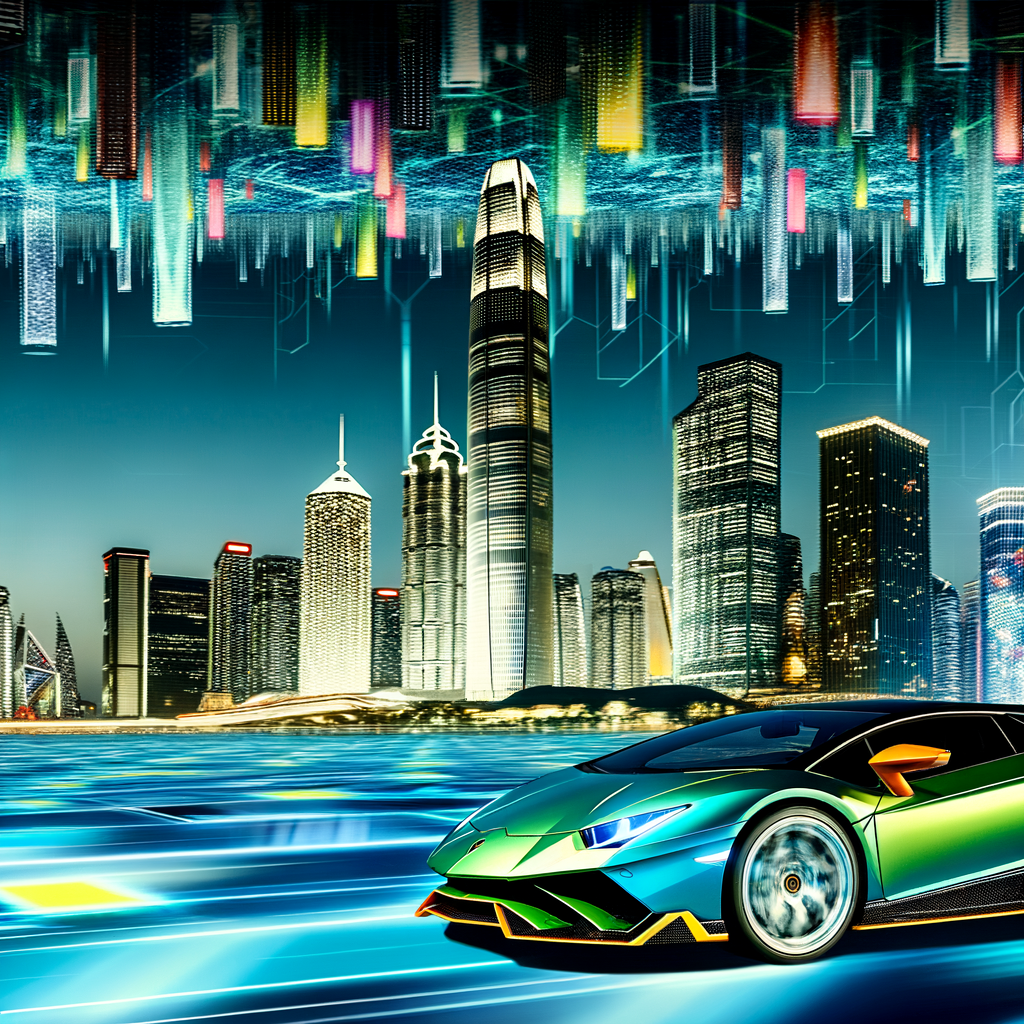 Lamborghini supercar glides through futuristic cityscape.