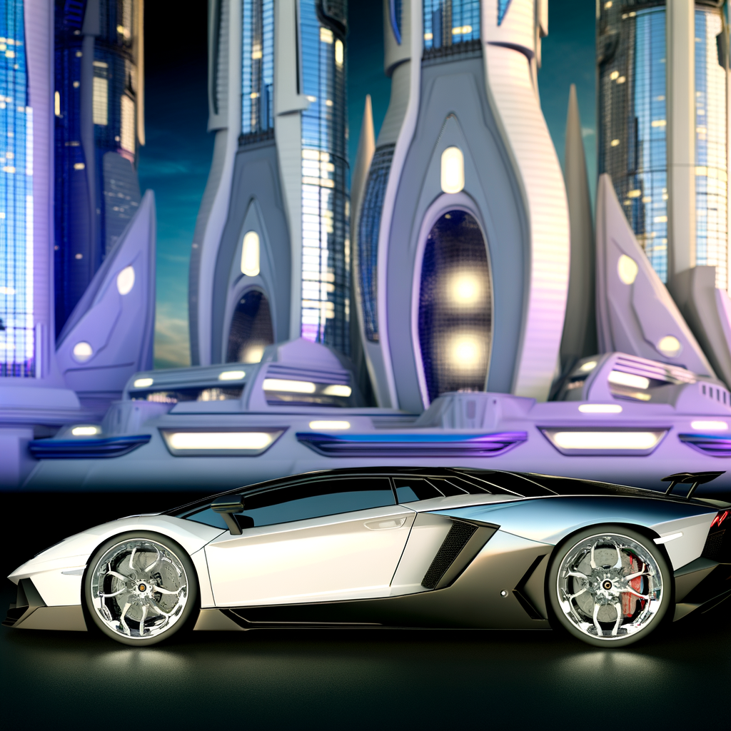 Lamborghini supercar, sleek design, futuristic backdrop.