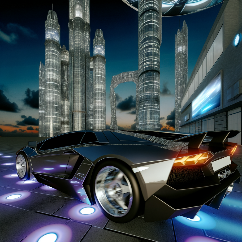 Lamborghini supercar soaring through futuristic cityscape.