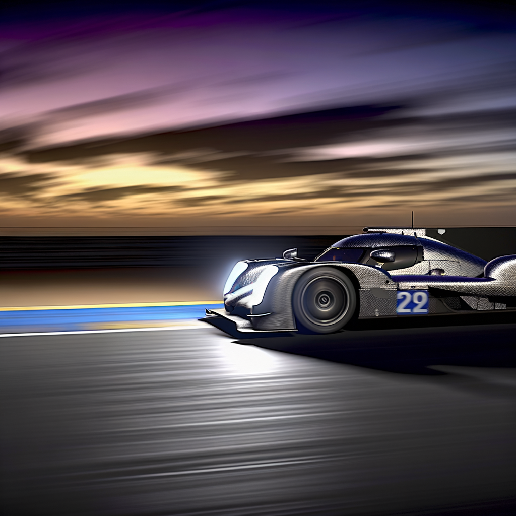 Le Mans race car speeding at sunset.