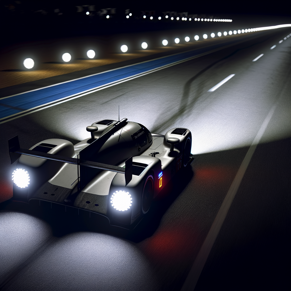 Le Mans race car speeding through night.