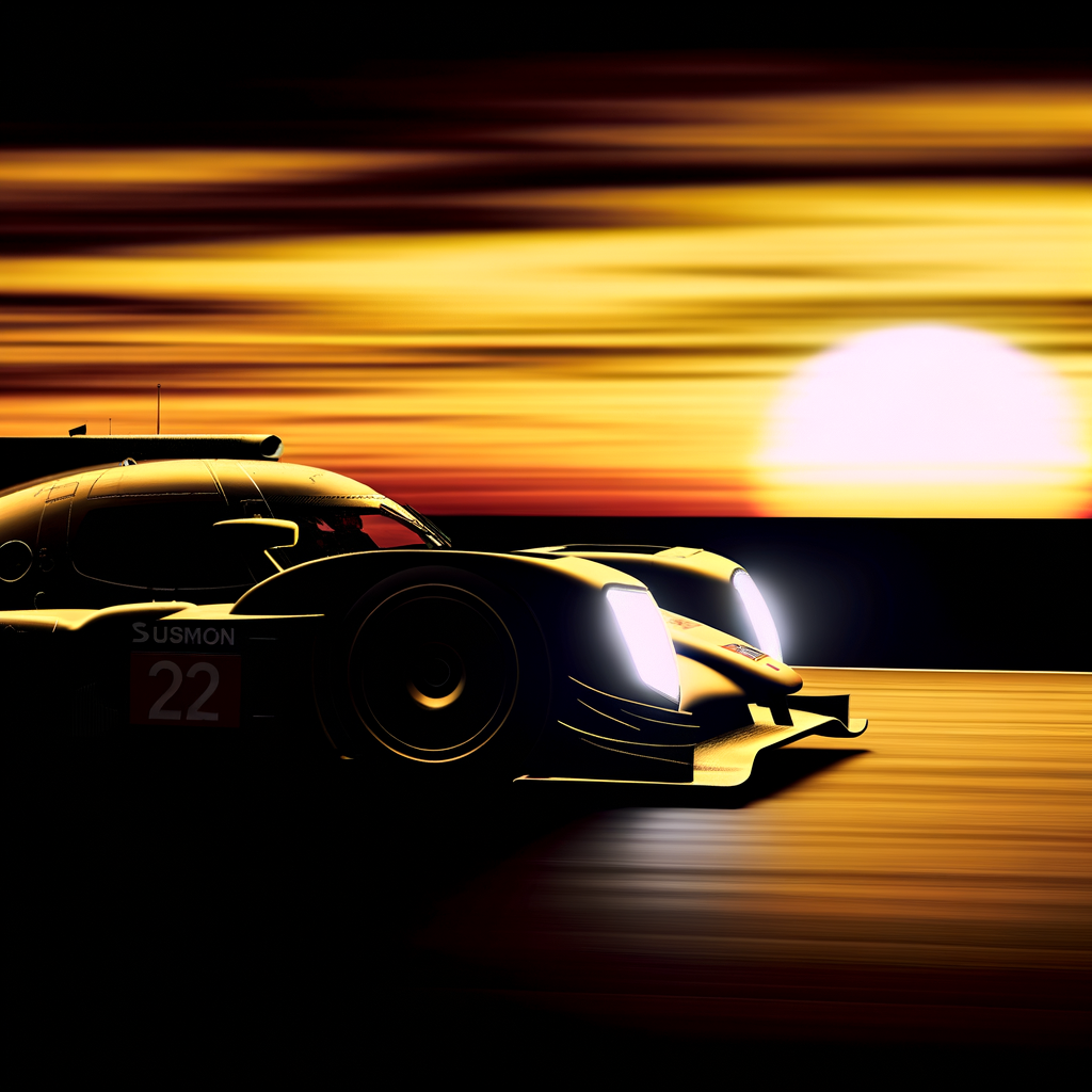 Le Mans race car zooming past sunset.