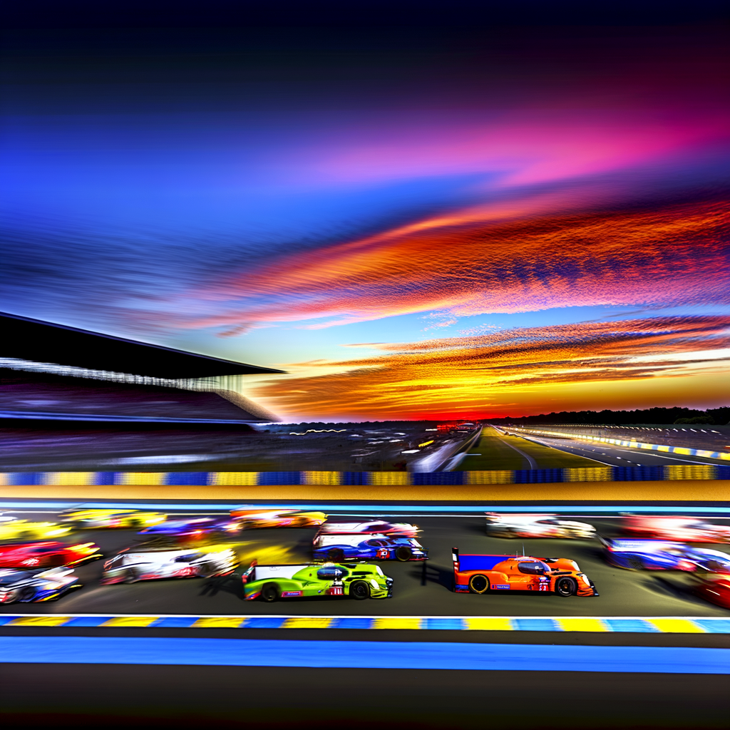 Le Mans race cars blur past sunset.