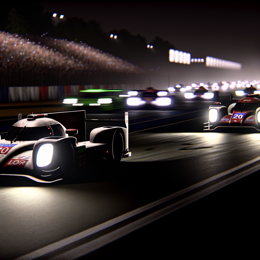 Le Mans race cars speeding through night.