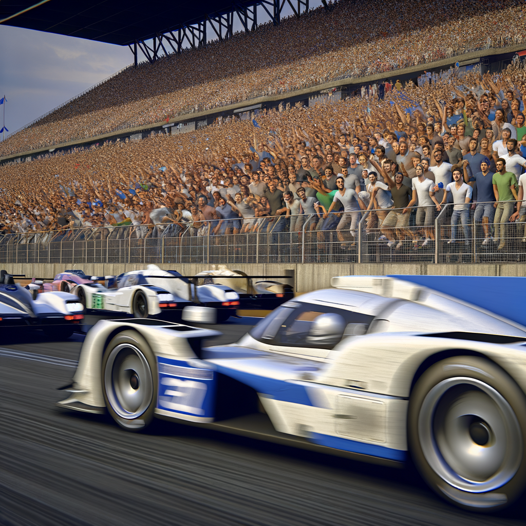 Le Mans racecars zoom past cheering fans.
